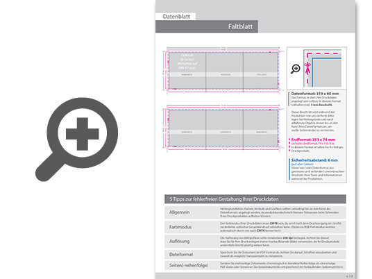 Product Bild faltblatt__gefalzt_auf_din_a7_quer__6-seiter_(wickelfalz)__beidseitig_bedruckt_(4_4_farbig_+_1_sonderfarbe_hks)