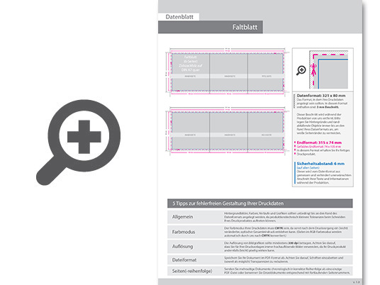 Product Bild faltblatt__gefalzt_auf_din_a7_quer__6-seiter_(zickzackfalz)__beidseitig_bedruckt_(4_4_farbig_+_1_sonderfarbe_hks)